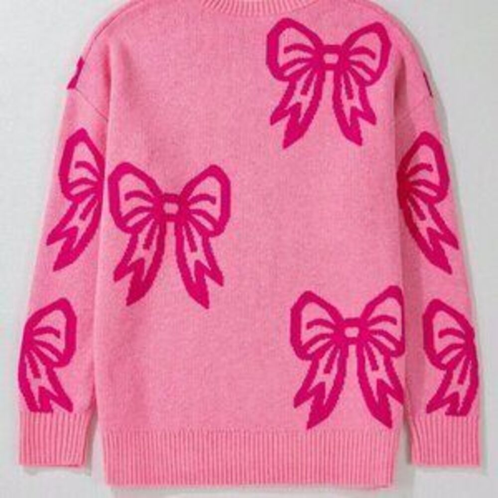 Pink Casual Women's Bow print Round Neck Long Sleeved Pullover Sweater - Picture 4 of 5